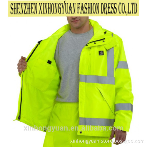 Industrial waterproof hooded hi vi reflective jacket, workwear security coat